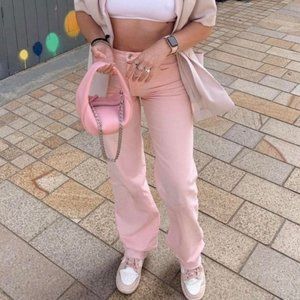 ZARA Pink High Rise Straight Leg Raw Edge Jeans